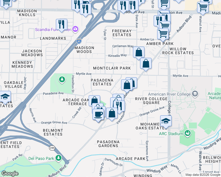 map of restaurants, bars, coffee shops, grocery stores, and more near in North Highlands