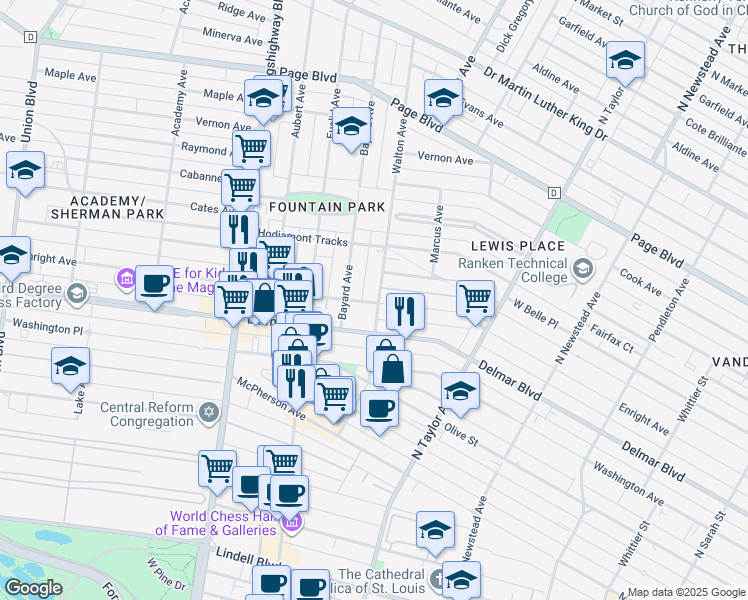 map of restaurants, bars, coffee shops, grocery stores, and more near 727 Walton Avenue in St. Louis