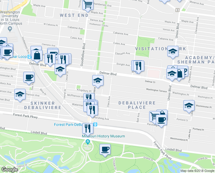 map of restaurants, bars, coffee shops, grocery stores, and more near 5655 Kingsbury Avenue in St. Louis