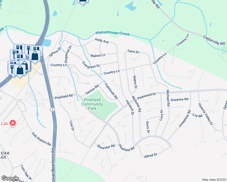 map of restaurants, bars, coffee shops, grocery stores, and more near 1117 Falmouth Road in Waldorf