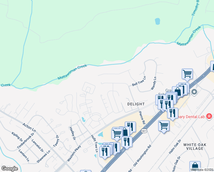map of restaurants, bars, coffee shops, grocery stores, and more near 12009 Pierce Road in Waldorf