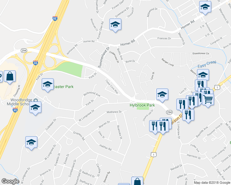 map of restaurants, bars, coffee shops, grocery stores, and more near 1813 Cedar Cove Way in Woodbridge