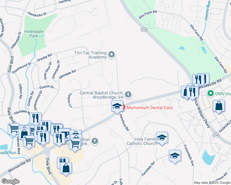 map of restaurants, bars, coffee shops, grocery stores, and more near 13879 Andorra Drive in Woodbridge
