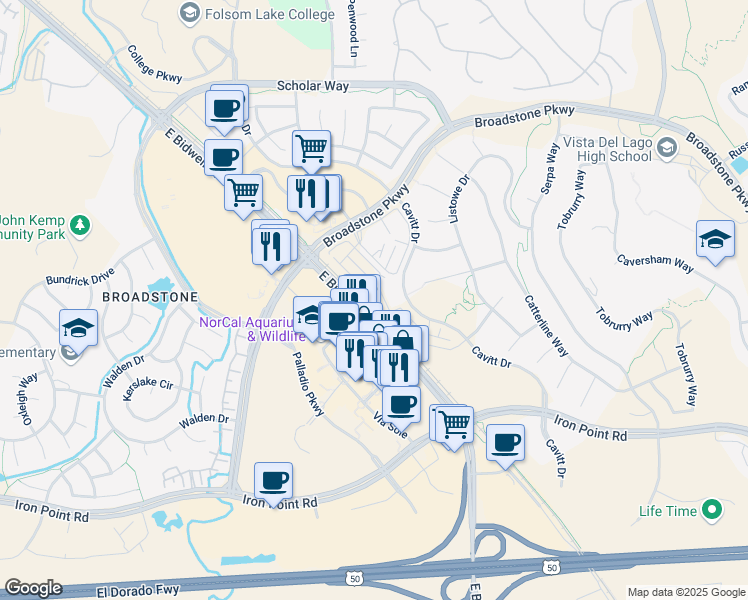 map of restaurants, bars, coffee shops, grocery stores, and more near 2840 East Bidwell Street in Folsom