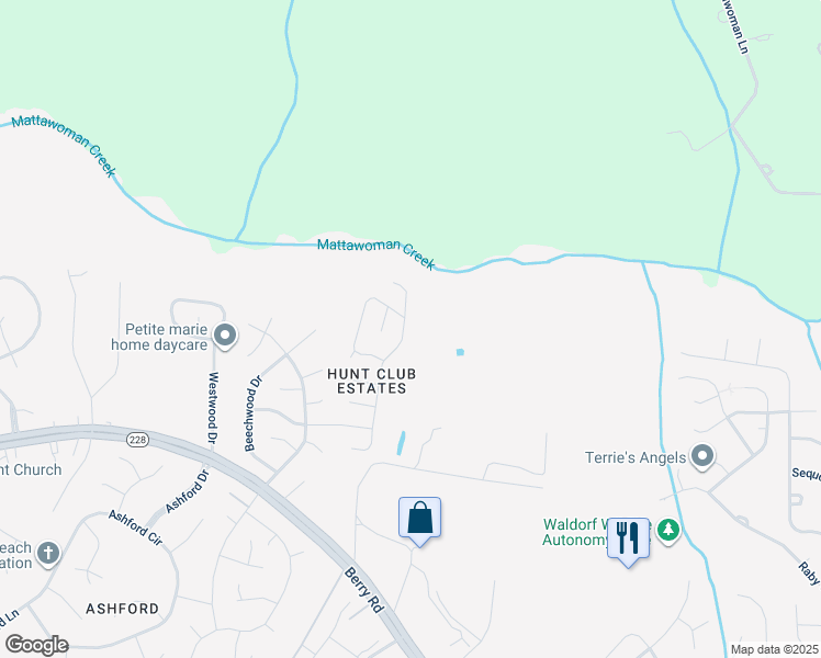 map of restaurants, bars, coffee shops, grocery stores, and more near 2224 Bridle Path Drive in Waldorf