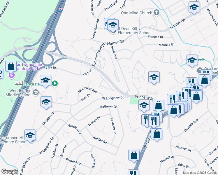 map of restaurants, bars, coffee shops, grocery stores, and more near 1819 Cedar Cove Way in Woodbridge