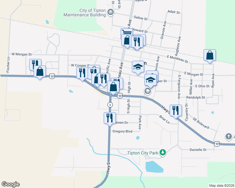 map of restaurants, bars, coffee shops, grocery stores, and more near 199 U.S. 50 in Tipton