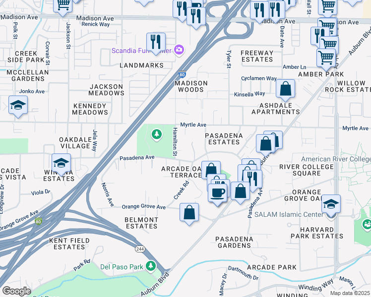 map of restaurants, bars, coffee shops, grocery stores, and more near 4768 Hamilton Street in Sacramento