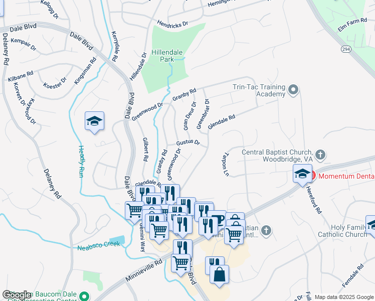 map of restaurants, bars, coffee shops, grocery stores, and more near 13904 Gum Lane in Woodbridge