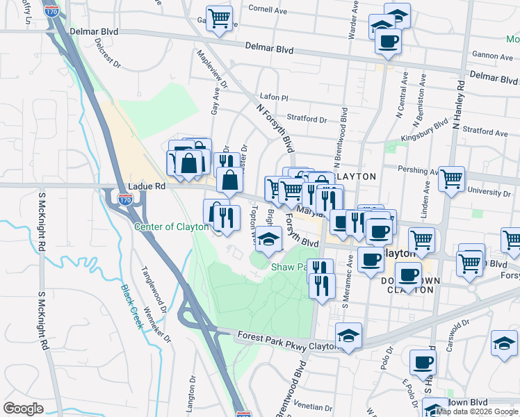 map of restaurants, bars, coffee shops, grocery stores, and more near 60 Brighton Way in Clayton