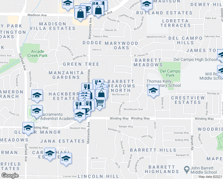 map of restaurants, bars, coffee shops, grocery stores, and more near 6043 Northcrest Circle in Carmichael