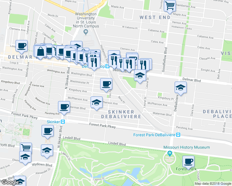 map of restaurants, bars, coffee shops, grocery stores, and more near 5899 Nina Place in St. Louis
