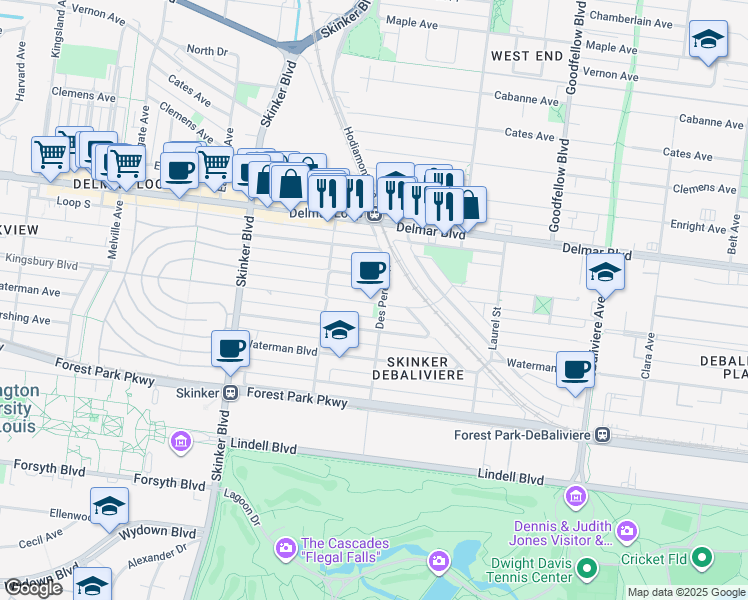 map of restaurants, bars, coffee shops, grocery stores, and more near 5960 Kingsbury Avenue in St. Louis