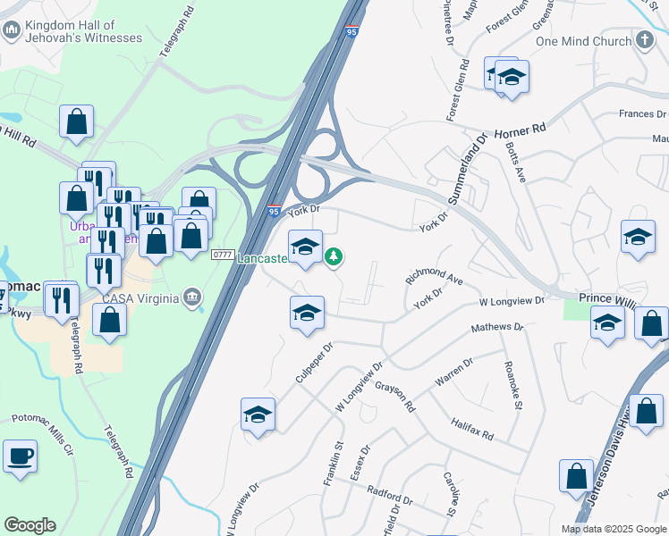 map of restaurants, bars, coffee shops, grocery stores, and more near 13800 Pop Mourey Place in Woodbridge