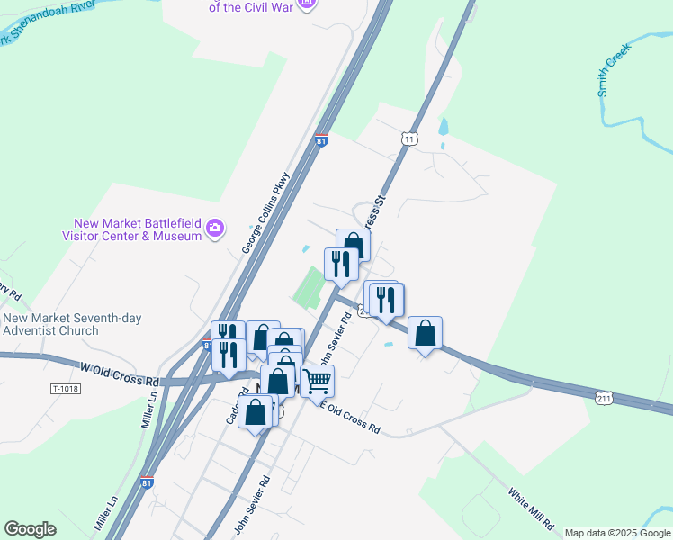 map of restaurants, bars, coffee shops, grocery stores, and more near 9215 North Congress Street in New Market