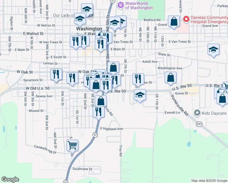 map of restaurants, bars, coffee shops, grocery stores, and more near 500 Southeast 5th Street in Washington