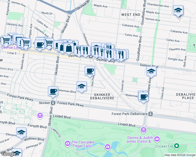 map of restaurants, bars, coffee shops, grocery stores, and more near 5931 Kingsbury Avenue in St. Louis