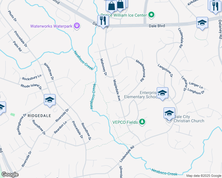map of restaurants, bars, coffee shops, grocery stores, and more near 5362 Mansfield Court in Woodbridge
