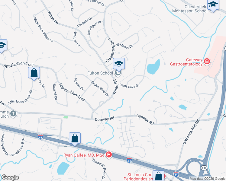 map of restaurants, bars, coffee shops, grocery stores, and more near 1276 White Road in Chesterfield