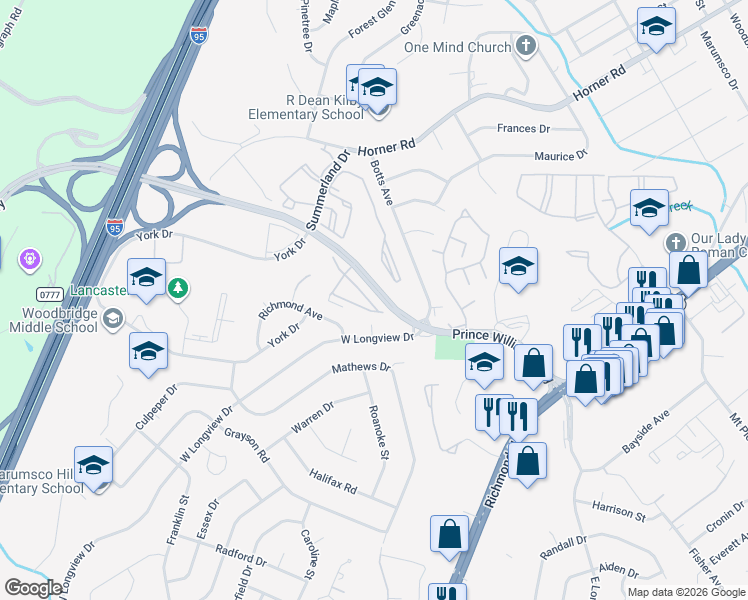 map of restaurants, bars, coffee shops, grocery stores, and more near 1812 Cedar Cove Way in Woodbridge