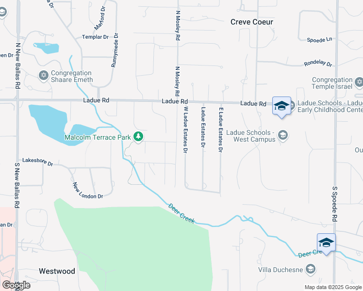 map of restaurants, bars, coffee shops, grocery stores, and more near 13 Ladue Estates Drive in Creve Coeur