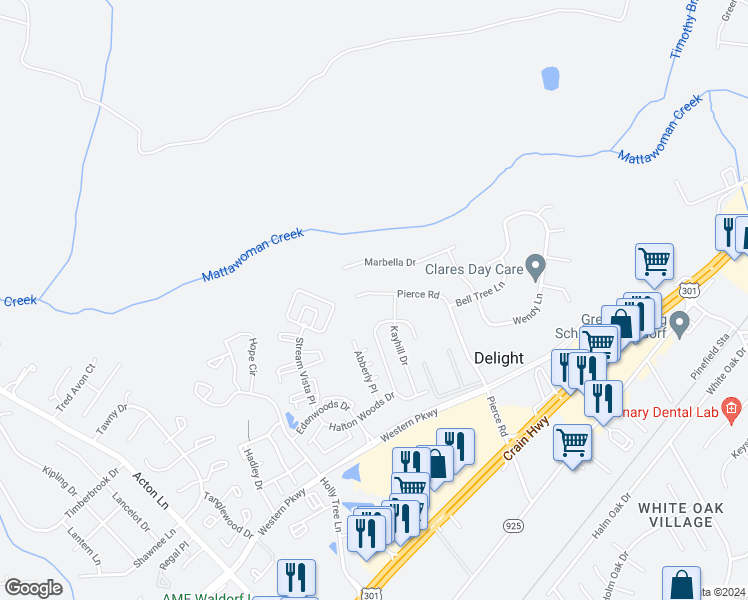 map of restaurants, bars, coffee shops, grocery stores, and more near 12009 Pierce Road in Waldorf