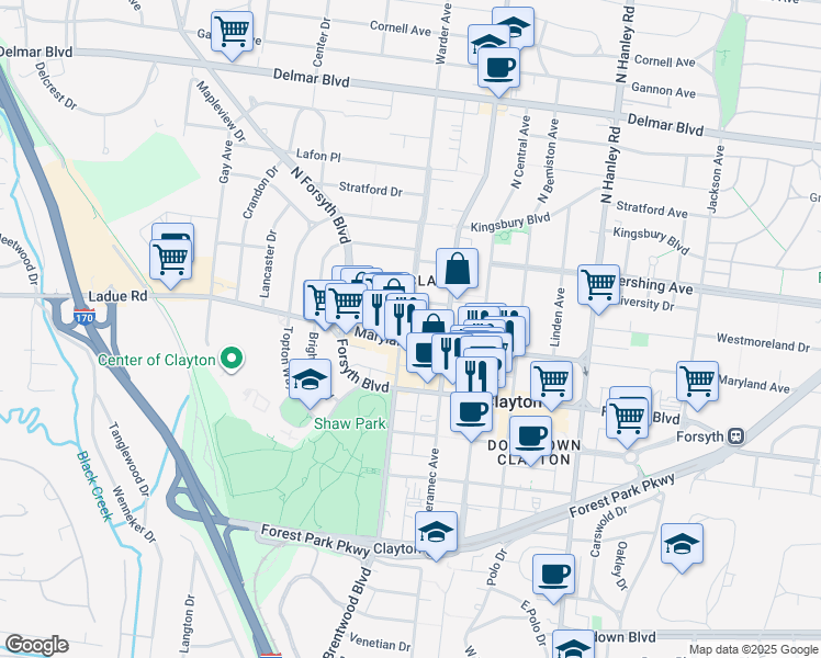 map of restaurants, bars, coffee shops, grocery stores, and more near 8077 Maryland Avenue in Clayton