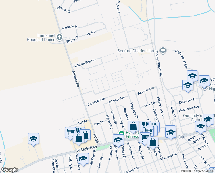 map of restaurants, bars, coffee shops, grocery stores, and more near 502 Chatham Drive in Seaford