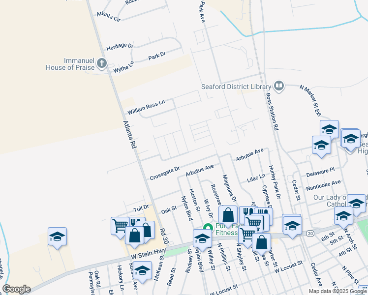 map of restaurants, bars, coffee shops, grocery stores, and more near 502 Chatham Drive in Seaford