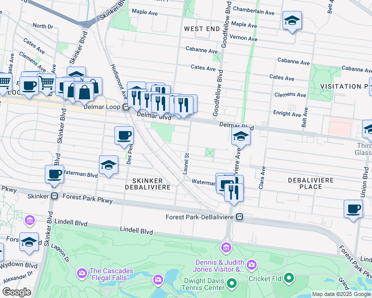 map of restaurants, bars, coffee shops, grocery stores, and more near 5802 Westminster Place in St. Louis