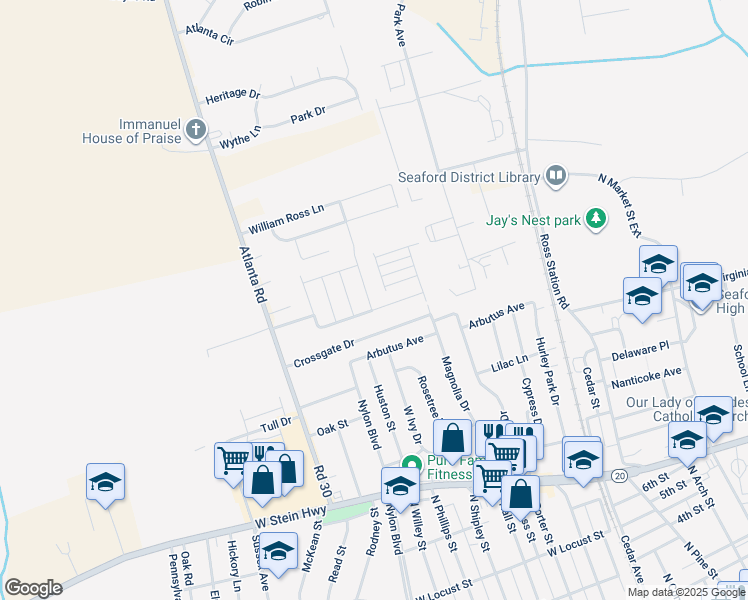map of restaurants, bars, coffee shops, grocery stores, and more near 501 Chatham Drive in Seaford