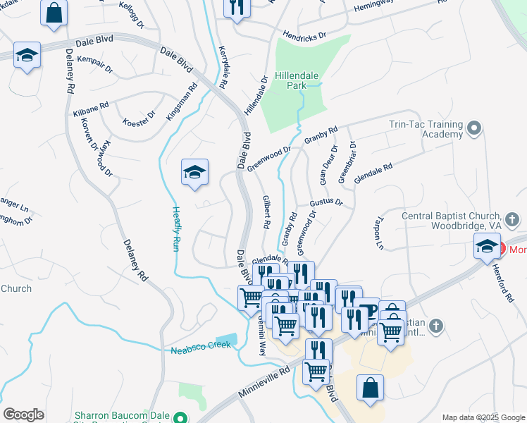 map of restaurants, bars, coffee shops, grocery stores, and more near 13804 Gilbert Road in Woodbridge
