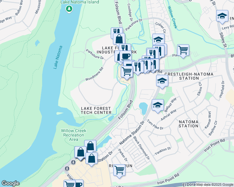 map of restaurants, bars, coffee shops, grocery stores, and more near 180 Blue Ravine Road in Folsom