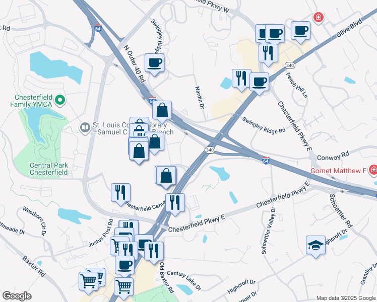 map of restaurants, bars, coffee shops, grocery stores, and more near 355 Chesterfield Center in Chesterfield