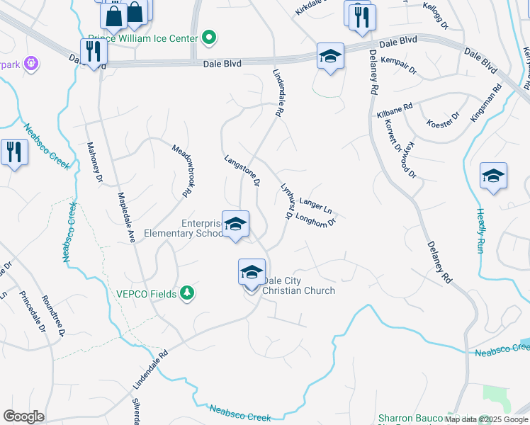 map of restaurants, bars, coffee shops, grocery stores, and more near 13875 Langstone Drive in Woodbridge