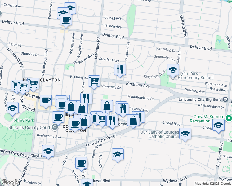 map of restaurants, bars, coffee shops, grocery stores, and more near 7500 Westmoreland Avenue in Clayton