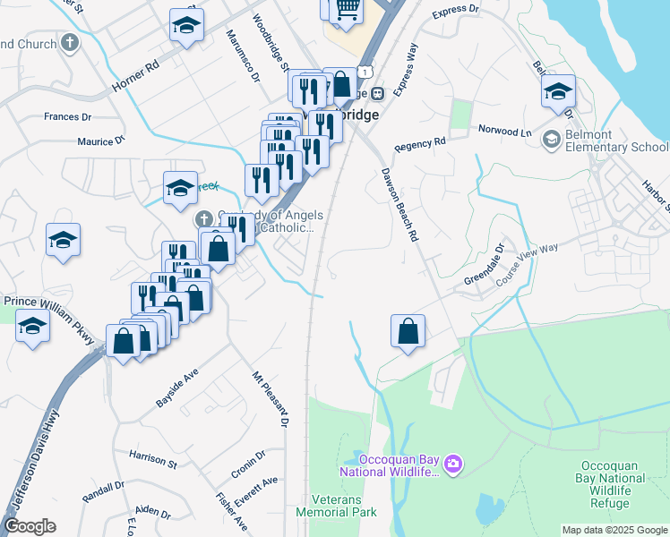map of restaurants, bars, coffee shops, grocery stores, and more near 13750 Dabney Road in Woodbridge