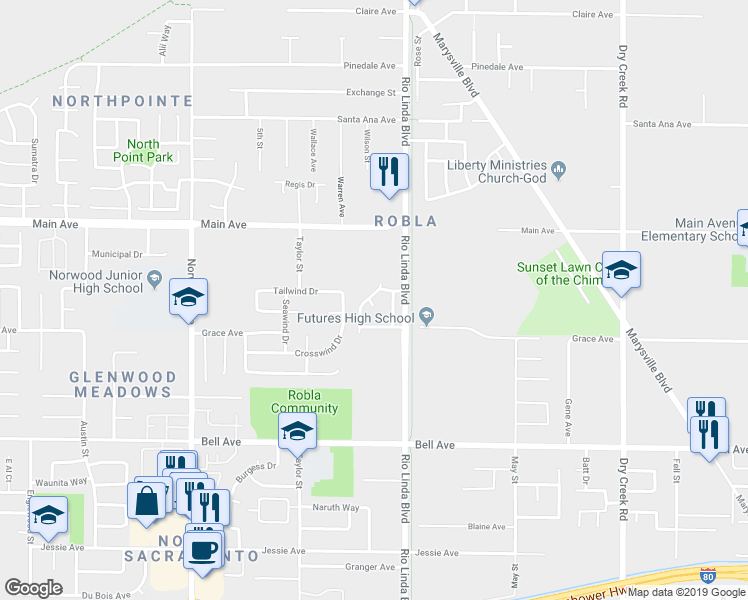 map of restaurants, bars, coffee shops, grocery stores, and more near 23 Oasis Court in Sacramento