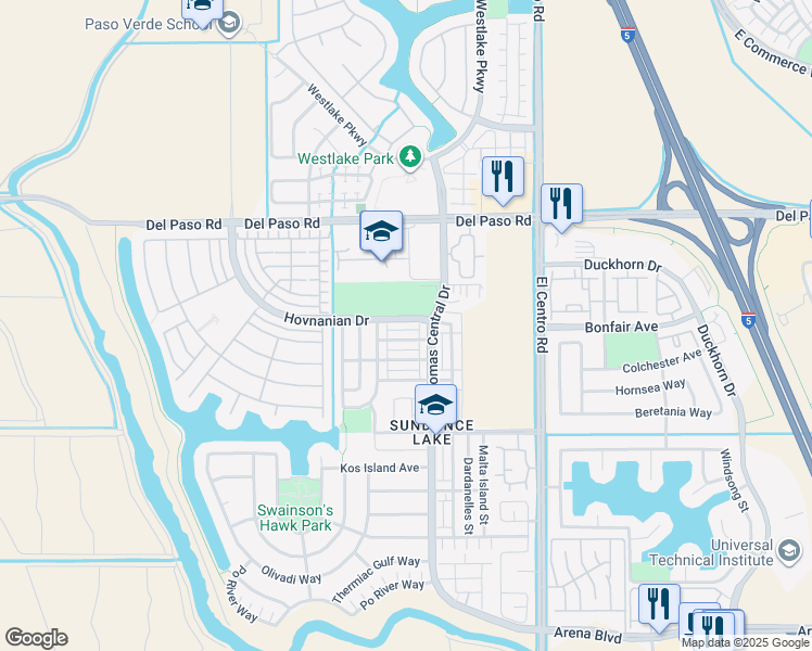 map of restaurants, bars, coffee shops, grocery stores, and more near 3719 Gulf of Haifa Avenue in Sacramento
