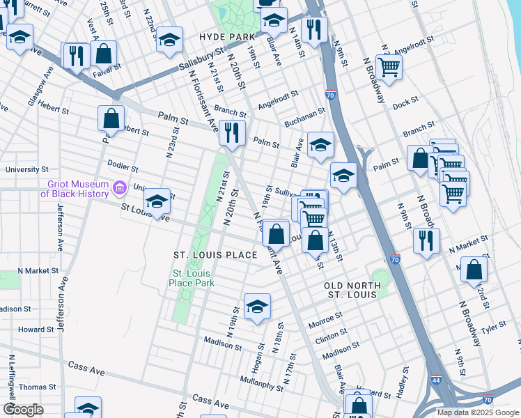 map of restaurants, bars, coffee shops, grocery stores, and more near 1913 Wright Street in St. Louis