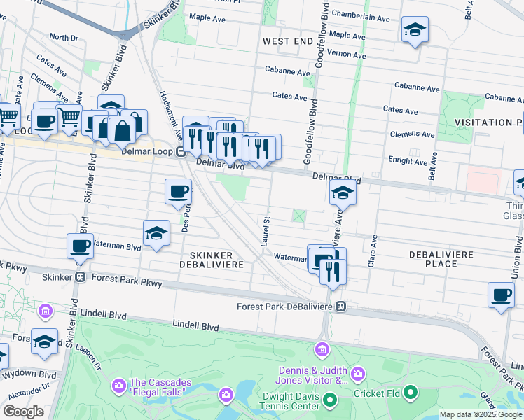 map of restaurants, bars, coffee shops, grocery stores, and more near 5819 De Giverville Avenue in St. Louis