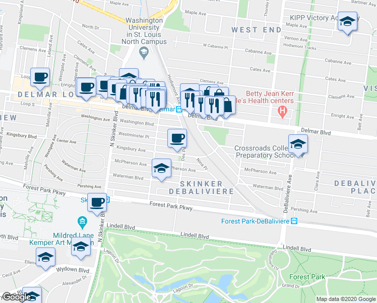 map of restaurants, bars, coffee shops, grocery stores, and more near 5960 Kingsbury Avenue in St. Louis