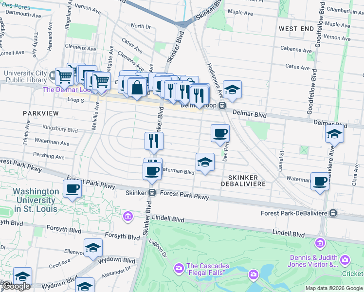 map of restaurants, bars, coffee shops, grocery stores, and more near 6151 McPherson Avenue in St. Louis