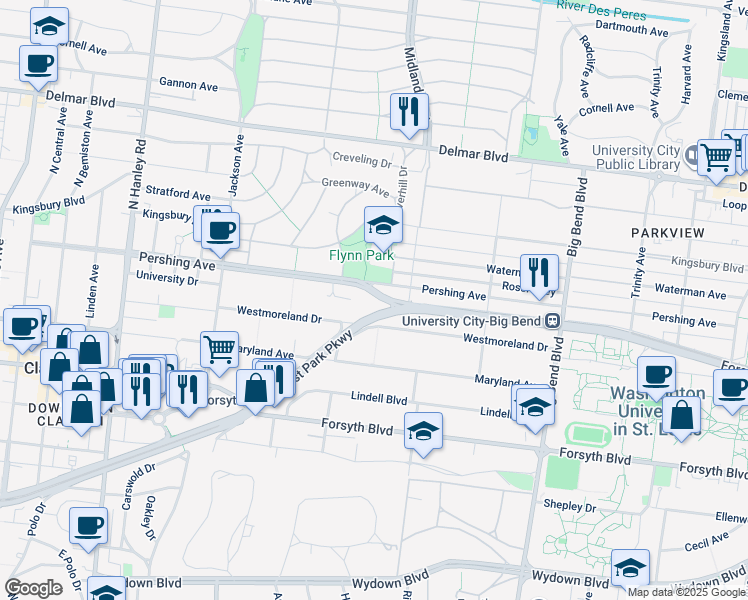 map of restaurants, bars, coffee shops, grocery stores, and more near 7211 Westmoreland Drive in University City