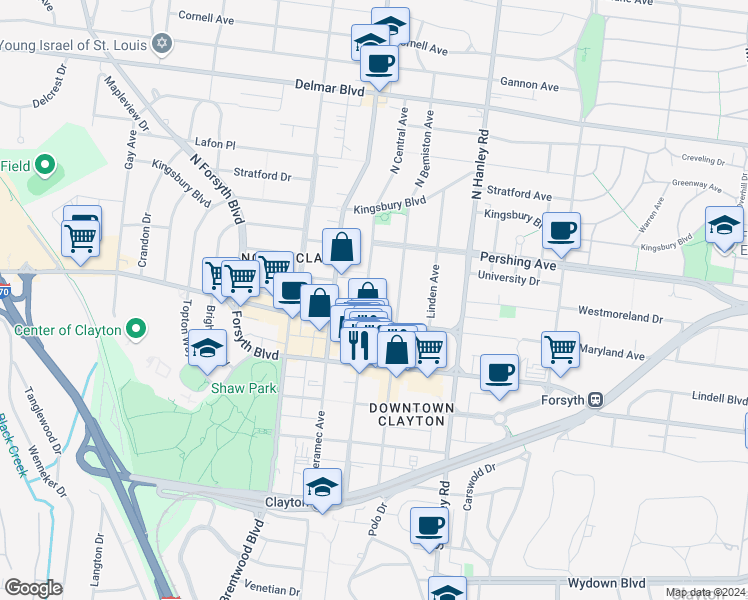 map of restaurants, bars, coffee shops, grocery stores, and more near 7821 Maryland Avenue in St. Louis