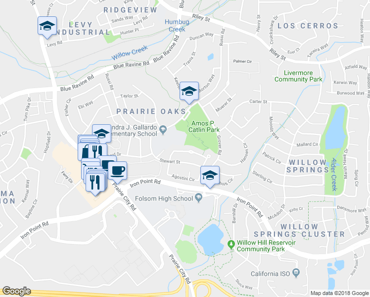 map of restaurants, bars, coffee shops, grocery stores, and more near 808 Fratis Street in Folsom