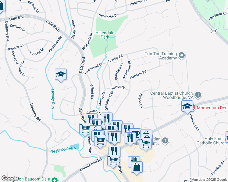 map of restaurants, bars, coffee shops, grocery stores, and more near 13803 Greenwood Drive in Woodbridge