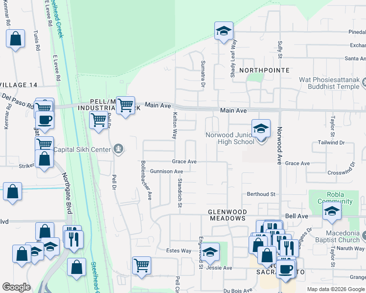 map of restaurants, bars, coffee shops, grocery stores, and more near 23 Marilyn Circle in Sacramento