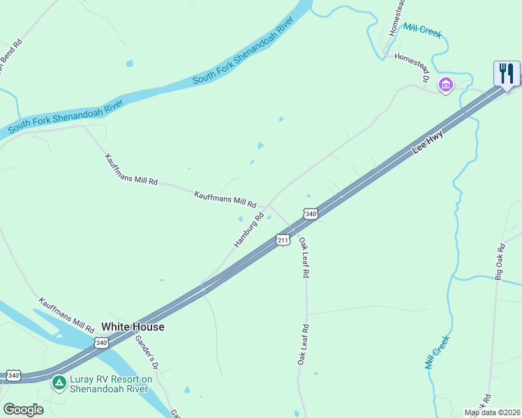 map of restaurants, bars, coffee shops, grocery stores, and more near 1057 Hamburg Road in Luray