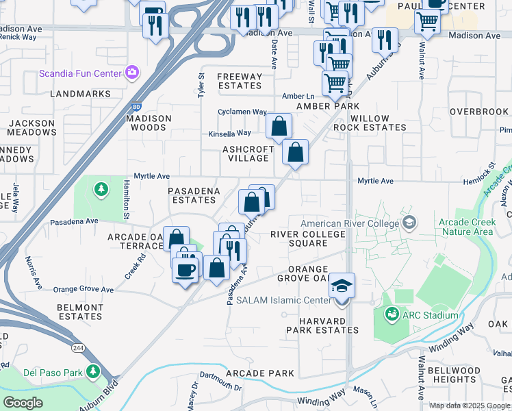 map of restaurants, bars, coffee shops, grocery stores, and more near 4622 Auburn Boulevard in Sacramento